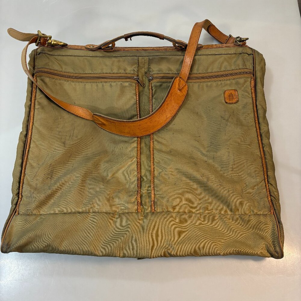 Hartmann Khaki Nylon Brown Leather Folding Hanging Garment Bag Luggage Vintage